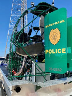 Miami-Dade's Panther airboat is powered by a General Motors 6.2 Liter supercharged engine by Levitator Performance Airboat Engines. The engine produces approximately 550 horse power, which is connected to a belt drive system that spins a four-bladed 82-inch carbon fiber propeller. Miami-Dade's Panther airboat is powered by a General Motors 6.2 Liter supercharged engine by Levitator Performance Airboat Engines. The engine produces approximately 550 horse power, which is connected to a belt drive system that spins a four-bladed 82-inch carbon fiber propeller.