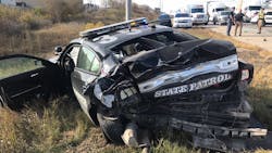 An Oklahoma State Patrol trooper was injured after his patrol car was struck on a highway Wednesday morning.