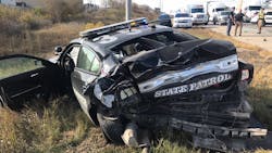 An Oklahoma State Patrol trooper was injured after his patrol car was struck on a highway Wednesday morning. An Oklahoma State Patrol trooper was injured after his patrol car was struck on a highway Wednesday morning.