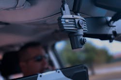 The WatchGuard 4RE in-car video system&apos;s high-definition Panoramic X2 video camera, as seen through a patrol car&apos;s windshield.