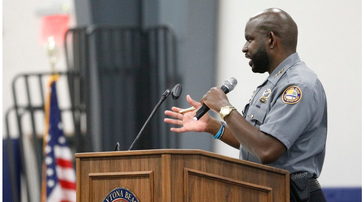 Daytona Beach Police Chief Jakari Young speaks with the community during a meeting.
