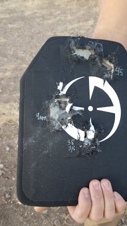 LAPG rifle plate after multiple rounds of various calibers were fired including 9mm, 45, and 38. LAPG rifle plate after multiple rounds of various calibers were fired including 9mm, 45, and 38.