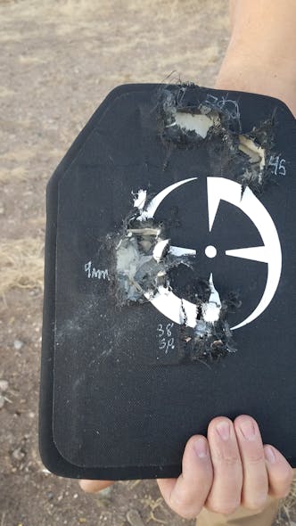 LAPG rifle plate after multiple rounds of various calibers were fired including 9mm, 45, and 38.