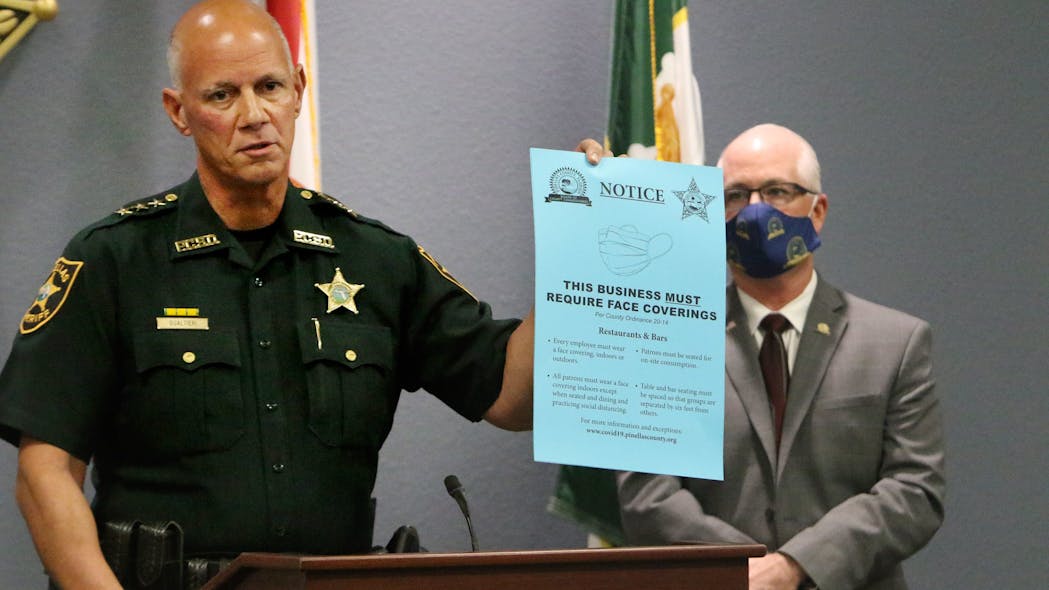 Pinellas Sheriff Bob Gualtieri in December discusses a notice to remind businesses and patrons to comply social distancing and mask ordinances.