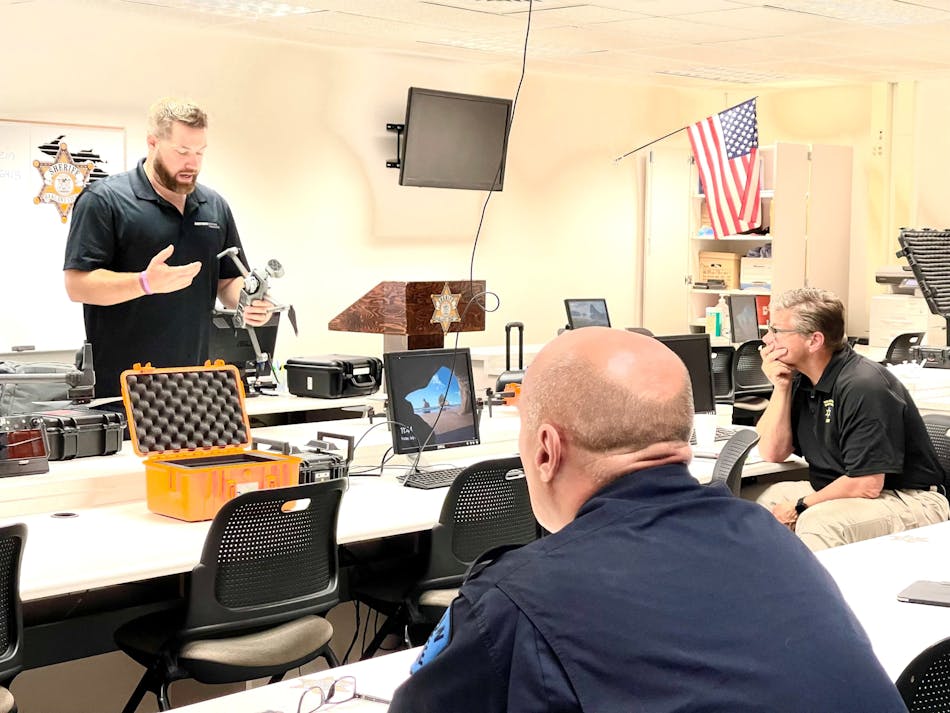 Chad Collier, Chief UAS Pilot with Adorama Business Solutions, is seen in the classroom during one of the company&apos;s Drone Demo Days.
