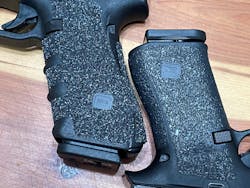 Differing textures and coloration. Both are from Talon Gun Grips. Left is on Glock 17. Right is on Glock 48. Differing textures and coloration. Both are from Talon Gun Grips. Left is on Glock 17. Right is on Glock 48.