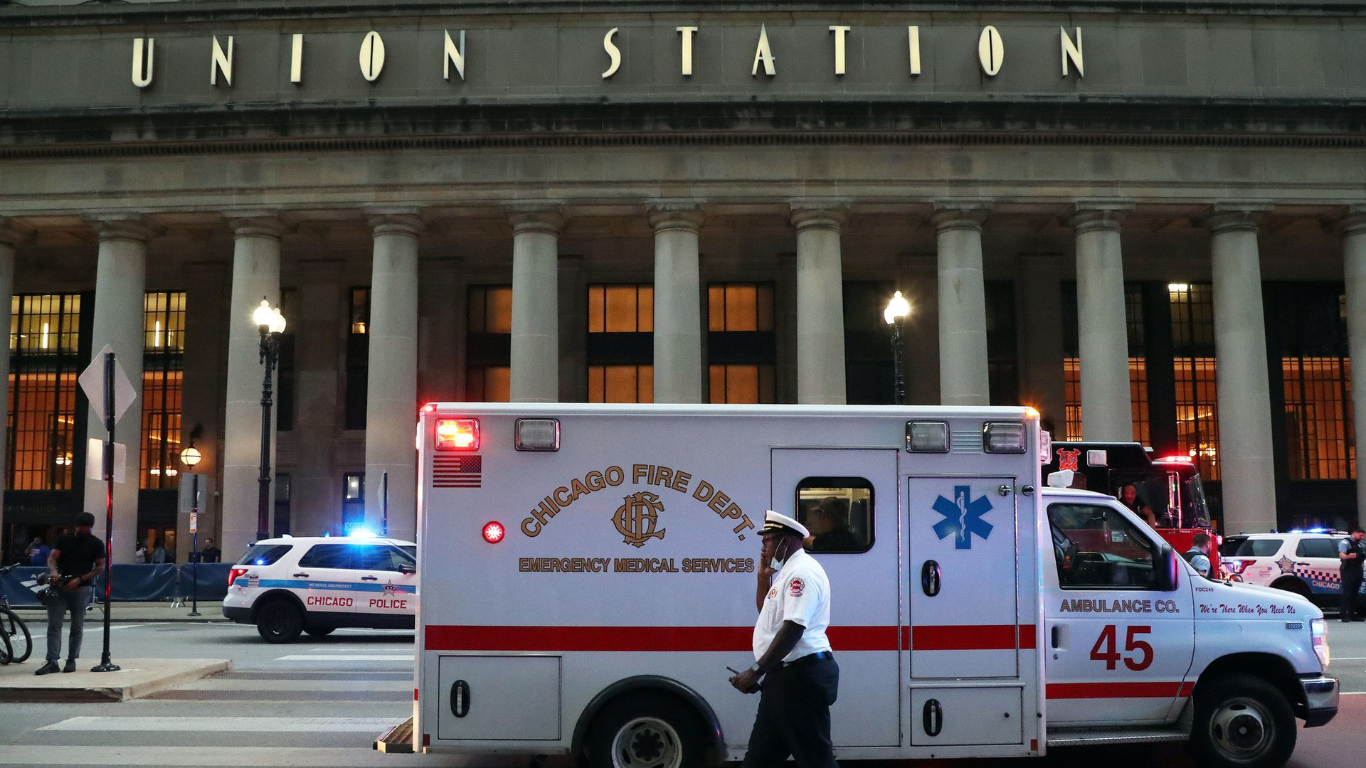 A Chicago Fire Department ambulance is seen at Union Station after a reported shooting incident Tuesday.