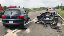 A chain reaction accident forced a New York State Police trooper to dive out of the way of his own patrol call during a traffic stop in Onondaga, NY, on Saturday. A chain reaction accident forced a New York State Police trooper to dive out of the way of his own patrol call during a traffic stop in Onondaga, NY, on Saturday.