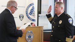 Akron, OH, Mayor Dan Horrigan administers the oath of office to Akron Police Chief Steve Mylett on Thursday during a swearing-in ceremony at the Harold Stubbs Safety Building in Akron. Akron, OH, Mayor Dan Horrigan administers the oath of office to Akron Police Chief Steve Mylett on Thursday during a swearing-in ceremony at the Harold Stubbs Safety Building in Akron.
