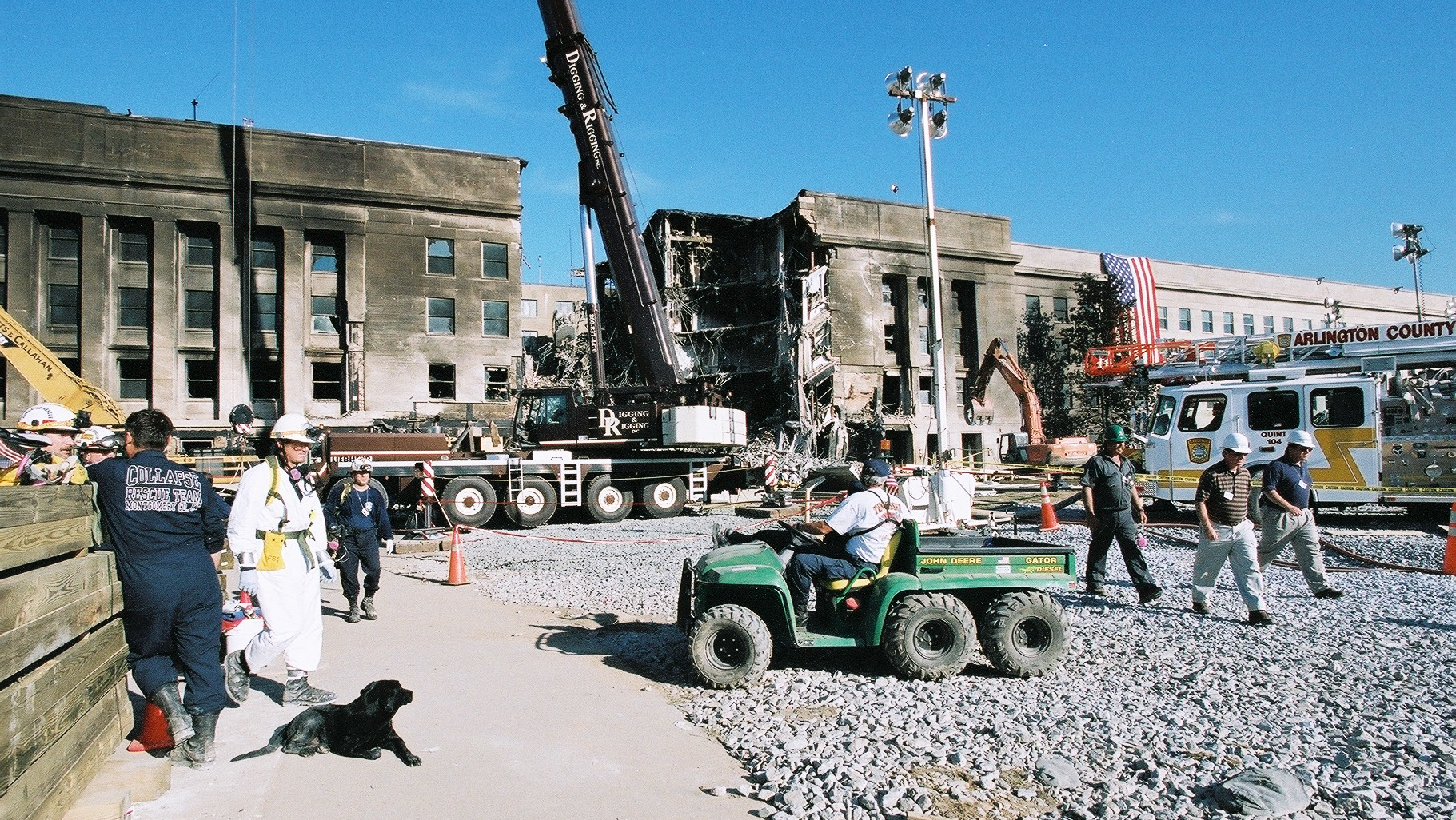 FEMA Urban Search and Rescue workers continue their work at the Pentagon in Arlington, Virginia on September 17, 2001.