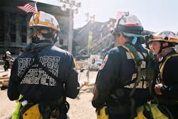 Urban Search and Rescue crews from Montgomery County work to build columns to support the collapsed structure at the crash site in Arlington, Virginia on September 13, 2001.