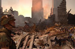 Military and rescue workers stand amongst the wreckage of the World Trade Center in New York City on September 16, 2001. Military and rescue workers stand amongst the wreckage of the World Trade Center in New York City on September 16, 2001.