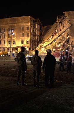 Exterior of the crash site following the attack on the Pentagon is seen in Arlington, Virginia on September 12, 2001. Exterior of the crash site following the attack on the Pentagon is seen in Arlington, Virginia on September 12, 2001.