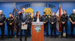 Florida Attorney General Ashley Moody holds a press conference to discuss the Thin Blue Line Act with the bill's sponsor, U.S. Rep. Vern Buchanan (left) at the Bradenton Police Department on Monday.