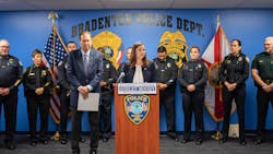 Florida Attorney General Ashley Moody holds a press conference to discuss the Thin Blue Line Act with the bill's sponsor, U.S. Rep. Vern Buchanan (left) at the Bradenton Police Department on Monday. Florida Attorney General Ashley Moody holds a press conference to discuss the Thin Blue Line Act with the bill's sponsor, U.S. Rep. Vern Buchanan (left) at the Bradenton Police Department on Monday.