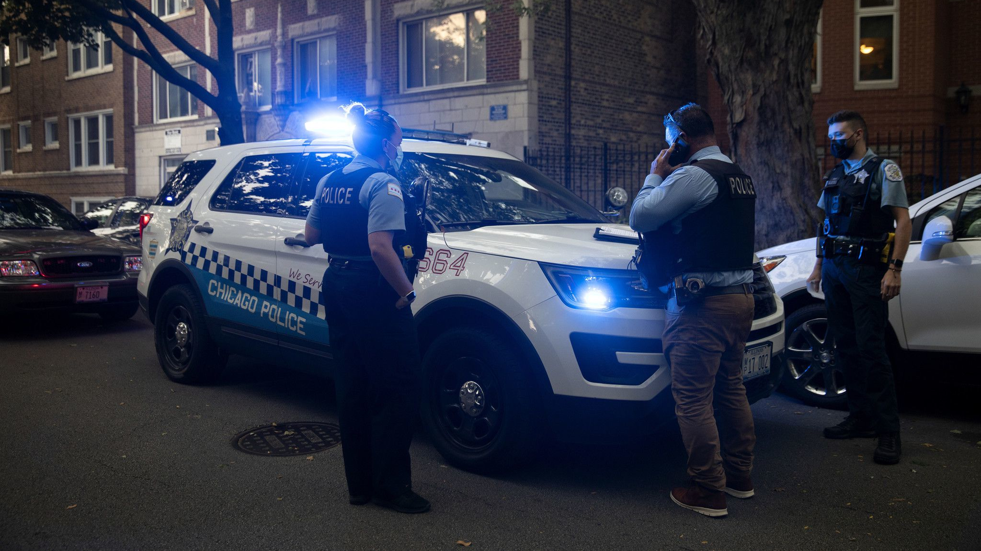 Chicago police officers work in the Rogers Park neighborhood Sept. 7.