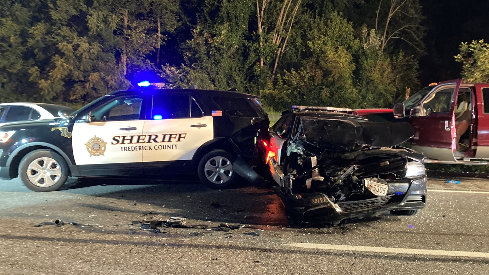 Two Frederick County, MD, sheriff's deputies were injured when their cruisers were struck during a routine traffic stop Tuesday by a vehicle that failed to move over.