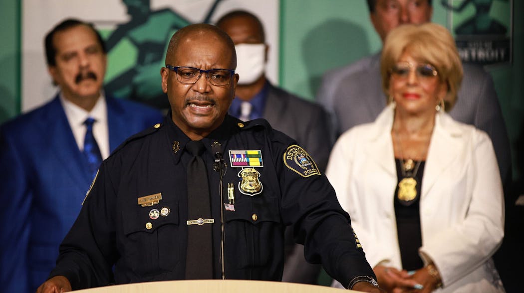 Then-interim Detroit Police Chief James White speaks during a press conference at the Detroit Public Safety Headquarters on Aug. 23.