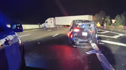 A Massachusetts State Police trooper was seriously injured when his cruiser was struck from behind by a tractor-trailer in a construction zone along Interstate 95 in Weston late Tuesday.