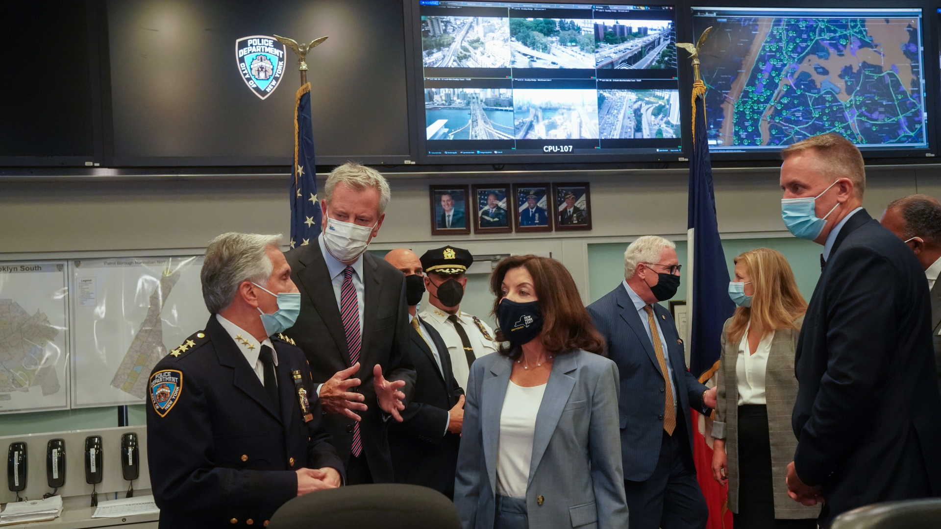 New York Gov. Kathy Hochul joins U.S. Department of Homeland Security Secretary Alejandro Mayorkas, New York City Mayor Bill de Blasio and NYPD leadership for a 9/11 security briefing in Manhattan on Friday.