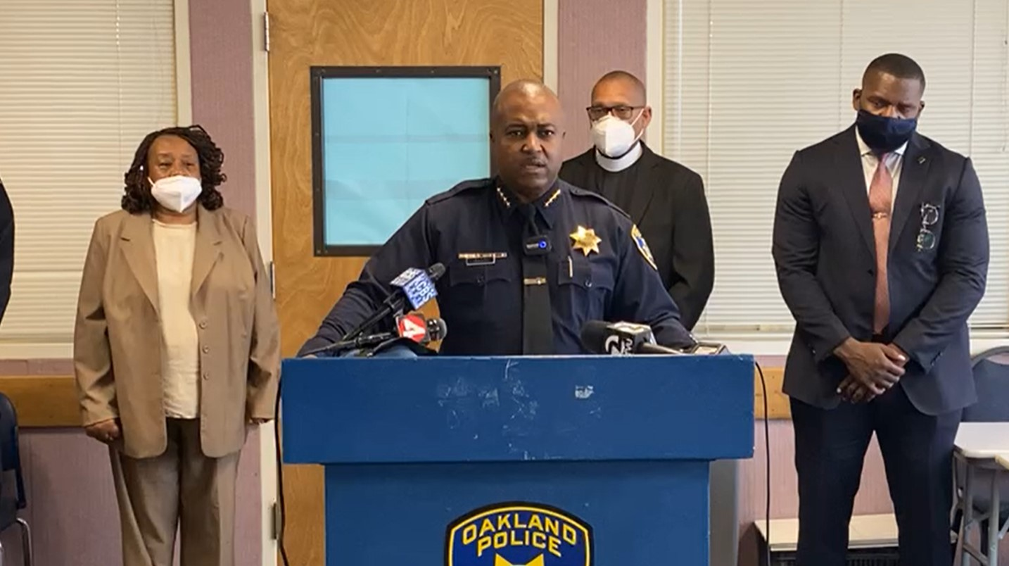 During a news conference Thursday, Oakland, CA, Police LeRonne L.Armstrong and local religious leaders plead with the public to stop the gun violence following an increase in murders in the city.