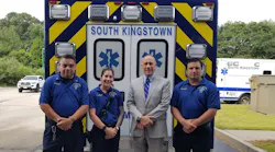 Rhode Island State Police Col. James Manni (center) with South Kingstown EMS Capt. Frank Capaldi (far left) and paramedics Sarah Peet and Keith DeCesare.