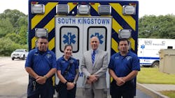 Rhode Island State Police Col. James Manni (center) with South Kingstown EMS Capt. Frank Capaldi (far left) and paramedics Sarah Peet and Keith DeCesare. Rhode Island State Police Col. James Manni (center) with South Kingstown EMS Capt. Frank Capaldi (far left) and paramedics Sarah Peet and Keith DeCesare.