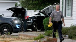 An unmarked police vehicle left the roadway and struck a structure and trailer at in Sea Girt, NJ, on Tuesday. An unmarked police vehicle left the roadway and struck a structure and trailer at in Sea Girt, NJ, on Tuesday.