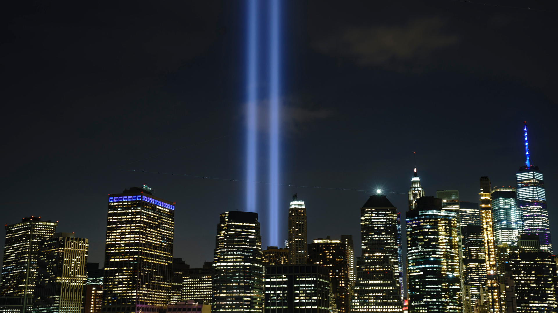 The 'Tribute in Light' rises skyward on the 18th anniversary of the 9/11 terrorist attacks in New York City.