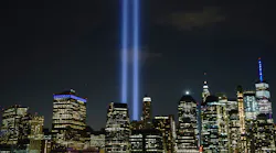 The 'Tribute in Light' rises skyward on the 18th anniversary of the 9/11 terrorist attacks in New York City.