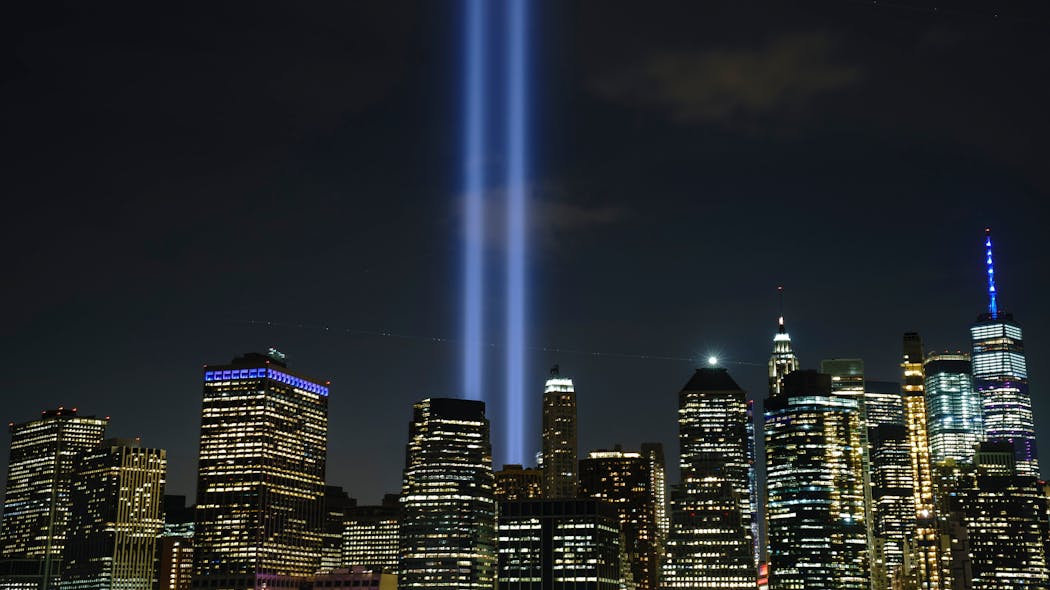 The &apos;Tribute in Light&apos; rises skyward on the 18th anniversary of the 9/11 terrorist attacks in New York City.
