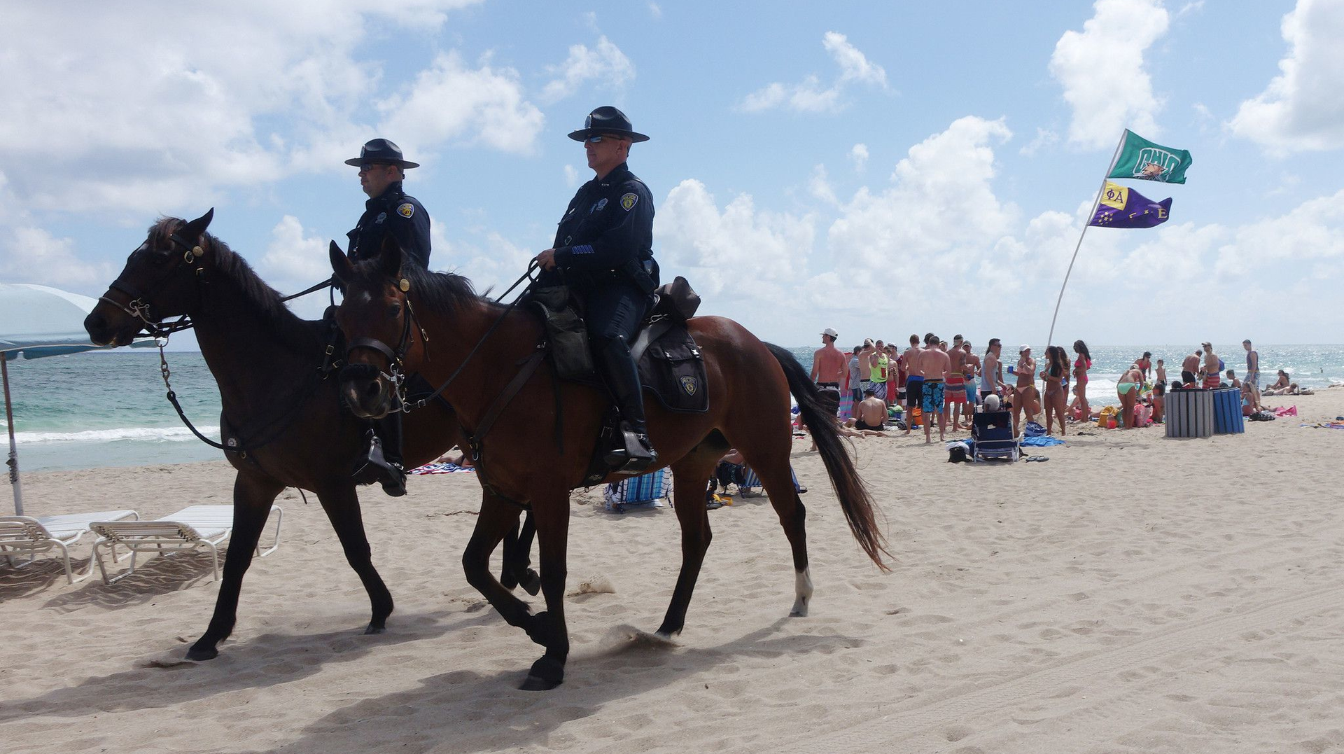 Fort Lauderdale police patrol the beach by horseback during spring break in March 2015. The department&rsquo;s mounted patrol unit is made up of one sergeant, six officers and nine horses.