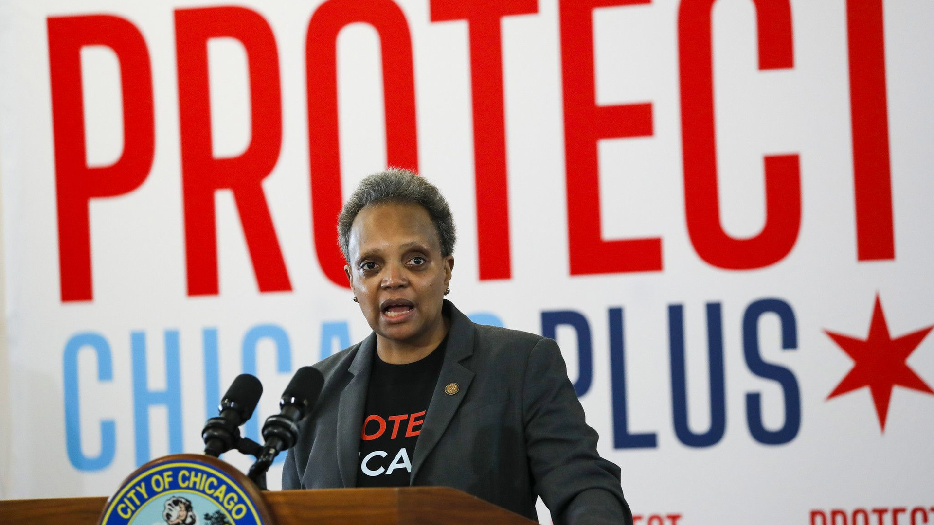 Mayor Lori Lightfoot answers questions at the Gage Park Vaccination Site in Chicago in February.