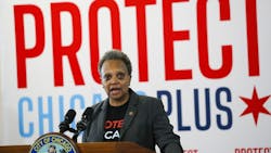 Mayor Lori Lightfoot answers questions at the Gage Park Vaccination Site in Chicago in February.