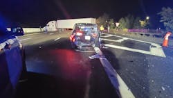 A Massachusetts State Police trooper was seriously injured when his cruiser was struck from behind by a tractor-trailer in a construction zone along Interstate 95 in Weston late Tuesday. A Massachusetts State Police trooper was seriously injured when his cruiser was struck from behind by a tractor-trailer in a construction zone along Interstate 95 in Weston late Tuesday.