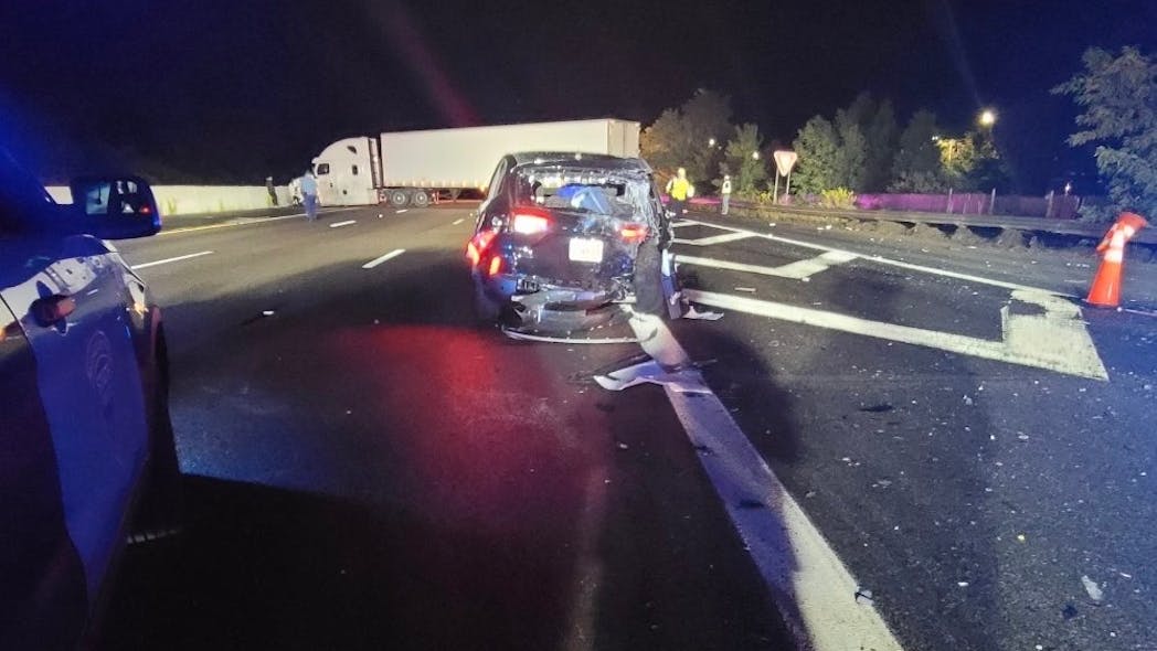 A Massachusetts State Police trooper was seriously injured when his cruiser was struck from behind by a tractor-trailer in a construction zone along Interstate 95 in Weston late Tuesday.