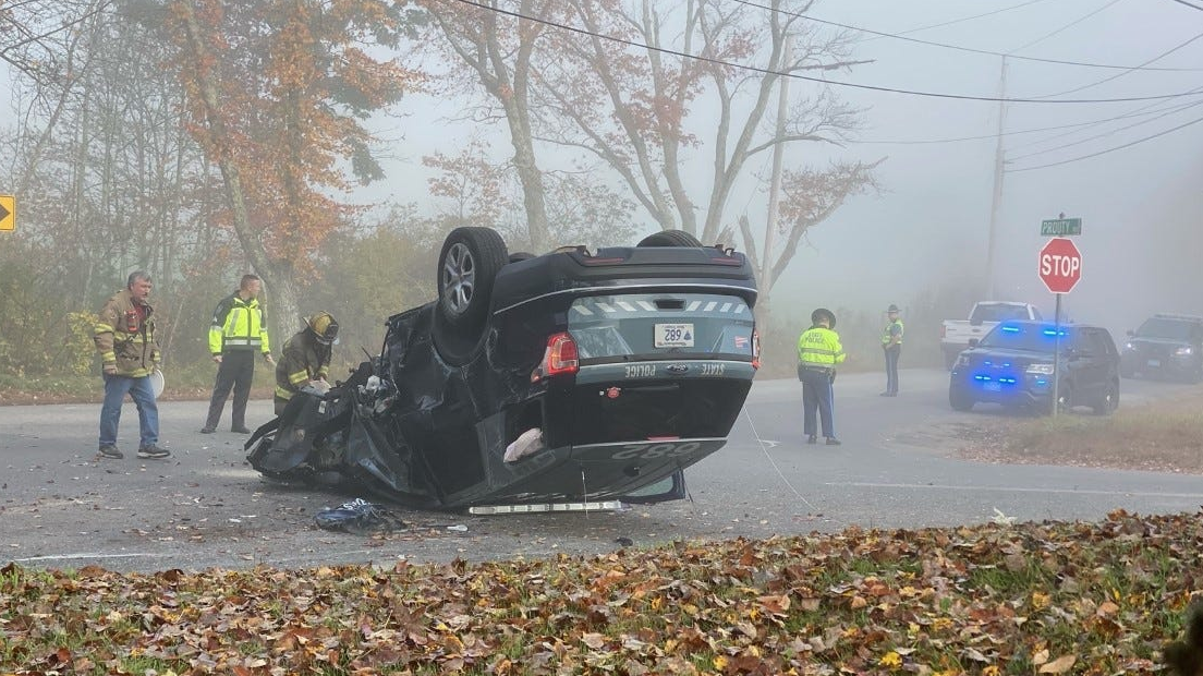 A Massachusetts State Police cruiser overturned and struck a utility pole in an accident in New Braintree on Wednesday.