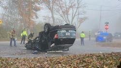 A Massachusetts State Police cruiser overturned and struck a utility pole in an accident in New Braintree on Wednesday. A Massachusetts State Police cruiser overturned and struck a utility pole in an accident in New Braintree on Wednesday.
