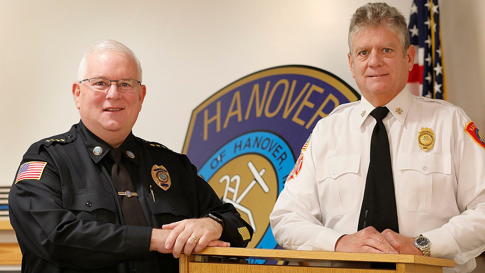 Hanover, MA, Police Chief Walter Sweeney (left) and Fire Chief Jeff Blanchard.