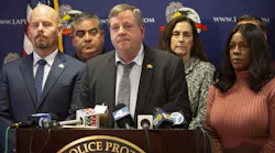 Craig Lally (center), president of the Los Angeles Police Protective League, speaks during a press conference at the Los Angeles Police Protective League in downtown Los Angeles on Dec. 4.