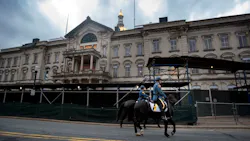 New Jersey State Troopers mounted on horseback walk the perimeter of the New Jersey Statehouse over the weekend. The statehouse is in the midst of a $300 million renovation project. New Jersey State Troopers mounted on horseback walk the perimeter of the New Jersey Statehouse over the weekend. The statehouse is in the midst of a $300 million renovation project.