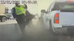 Newly released dashboard camera video shows an Idaho State Police trooper narrowly escape serious injury.