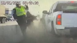 Newly released dashboard camera video shows an Idaho State Police trooper narrowly escape serious injury. Newly released dashboard camera video shows an Idaho State Police trooper narrowly escape serious injury.