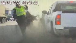 Newly released dashboard camera video shows an Idaho State Police trooper narrowly escape serious injury.