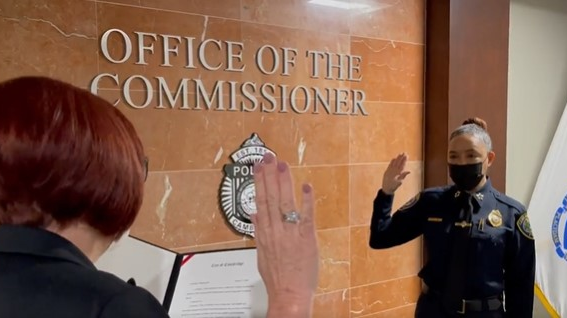Christine Elow is sworn in as Cambridge, MA, Police Commissioner on Monday, becoming the first woman to hold the position in the department's 162-year history.