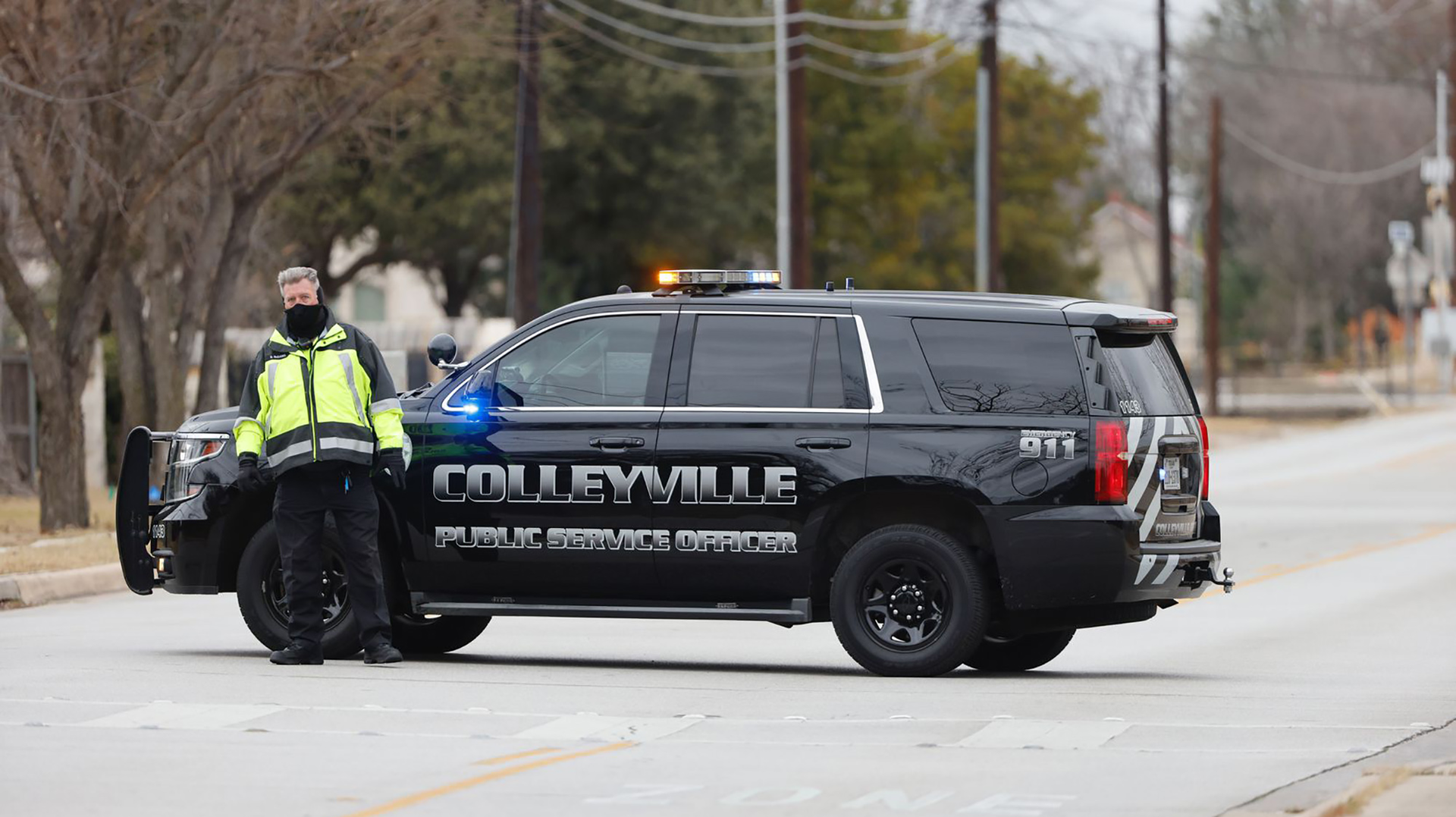 Colleyville, TX, police block a Road south of the Congregation Beth Israel synagogue on Saturday.