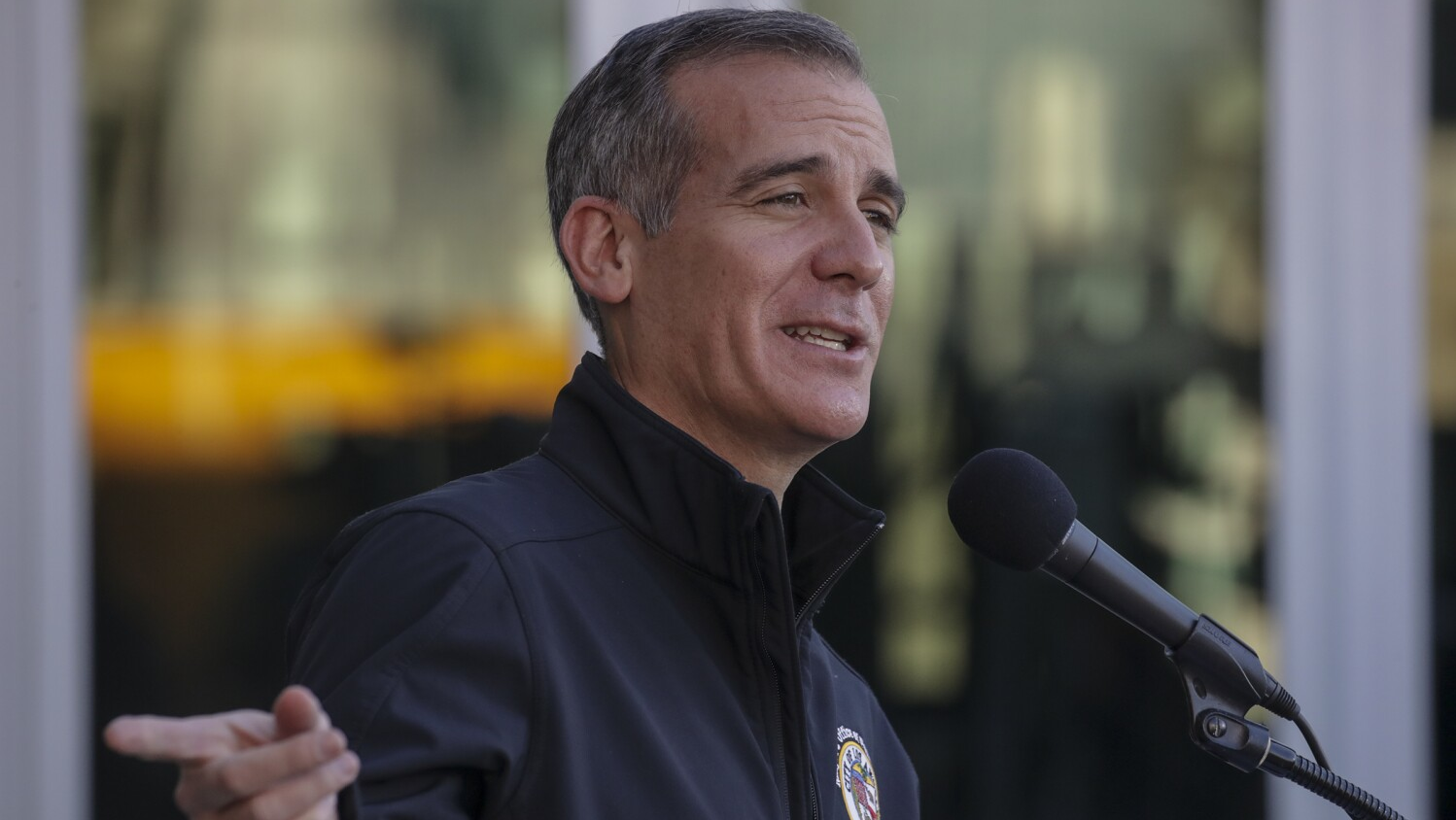 Los Angeles Mayor Eric Garcetti talks during a Thursday press conference that discussed LAPD use of deadly force policies.