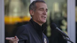 Los Angeles Mayor Eric Garcetti talks during a Thursday press conference that discussed LAPD use of deadly force policies.