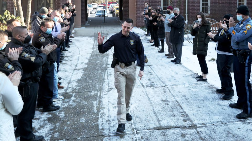 Summit, NJ, Police Officer Anthony Pyzik returns to work Monday after being injured in April 2020 when his police vehicle was struck head-on by a suspect driving a stolen motor vehicle.