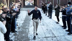 Summit, NJ, Police Officer Anthony Pyzik returns to work Monday after being injured in April 2020 when his police vehicle was struck head-on by a suspect driving a stolen motor vehicle. Summit, NJ, Police Officer Anthony Pyzik returns to work Monday after being injured in April 2020 when his police vehicle was struck head-on by a suspect driving a stolen motor vehicle.